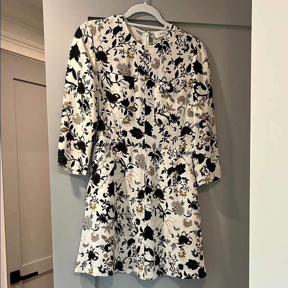 A.L.C. Floral Long Sleeve Dress - Black and Gold on White
